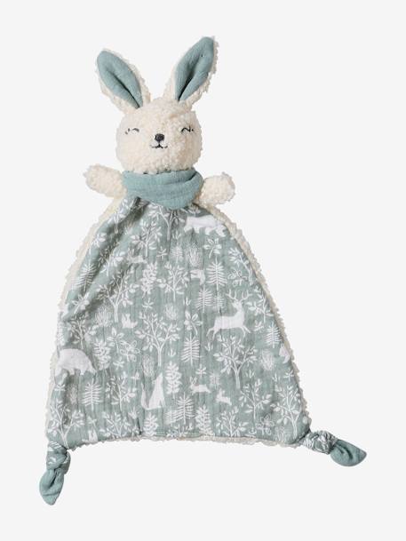 Doudou plat lapin personnalisable + hochet en mallette vert 