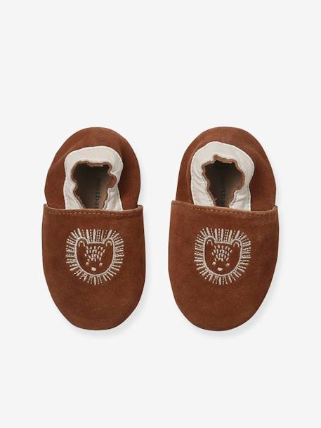 Chaussons élastiqués en cuir souple bébé lot marron+marron imprimé+vert imprimé 