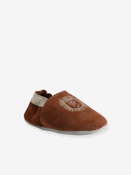 Chaussons élastiqués en cuir souple bébé lot marron+marron imprimé+vert imprimé 