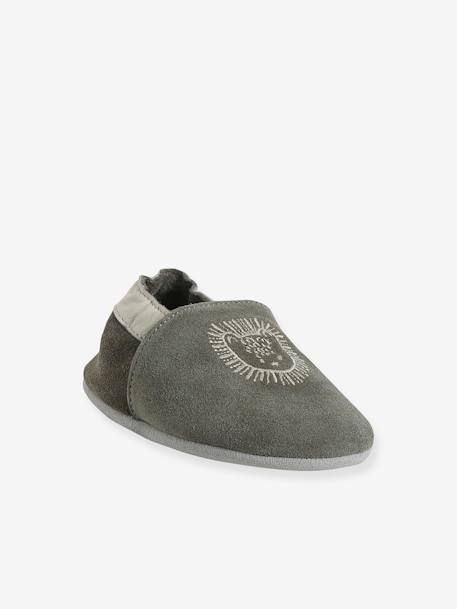Chaussons élastiqués en cuir souple bébé lot marron+marron imprimé+vert imprimé 