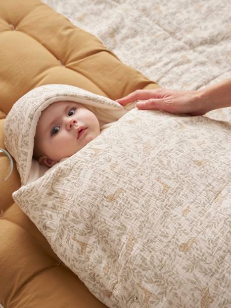 2-in-1 Baby Ausfahrsack/Wickelunterlage, Musselin beige bedruckt+cappuccino+GRÜN+terrakotta+wollweiß 