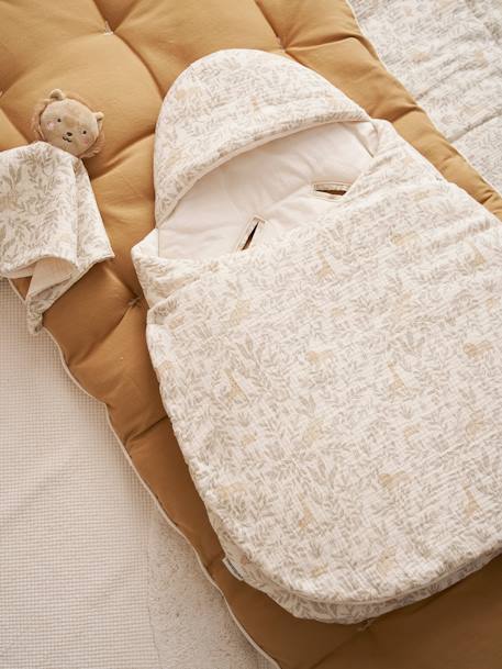 2-in-1 Baby Ausfahrsack/Wickelunterlage, Musselin beige bedruckt+cappuccino+GRÜN+terrakotta+wollweiß 