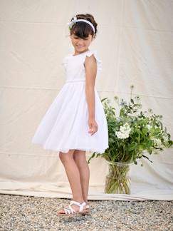 Fille-Robe cérémonie bi-matière en broderie anglaise et tulle fille