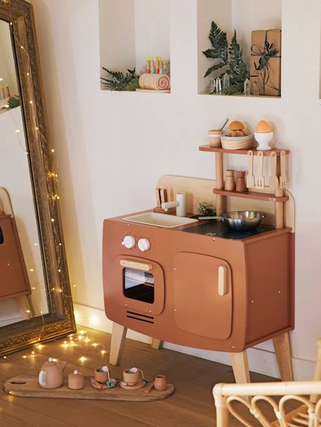Cuisinette en bois FSC® et métal blanc+caramel 
