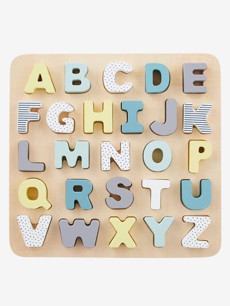 Puzzle lettres à encastrer en bois certifié FSC® multicolore+ROSE CLAIR UNI AVEC DECOR 