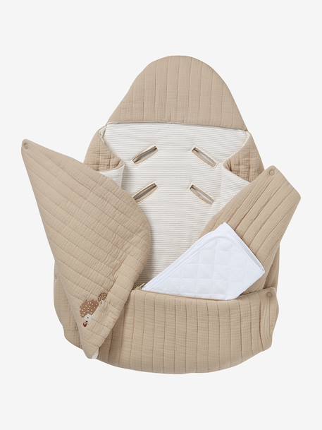 2-in-1 Baby Ausfahrsack/Wickelunterlage, Musselin beige bedruckt+cappuccino+GRÜN+terrakotta+wollweiß 