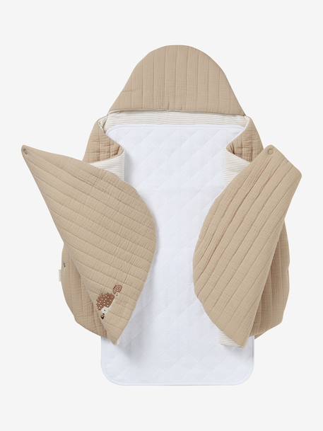 2-in-1 Baby Ausfahrsack/Wickelunterlage, Musselin beige bedruckt+cappuccino+GRÜN+terrakotta+wollweiß 