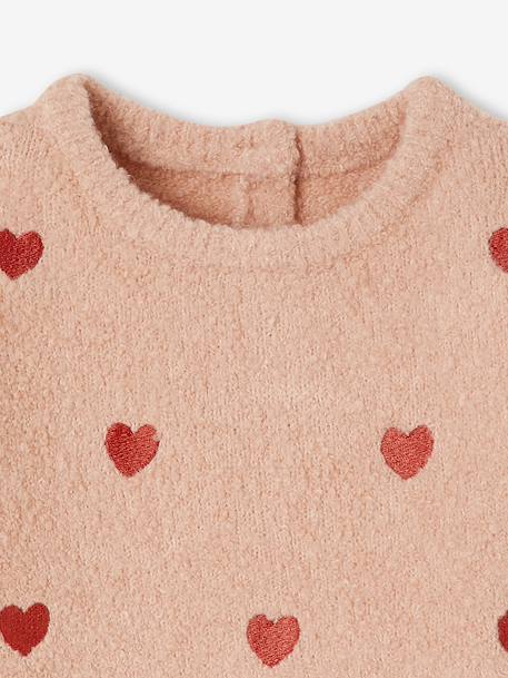 Pull bébé brodé petits coeurs rose poudré 