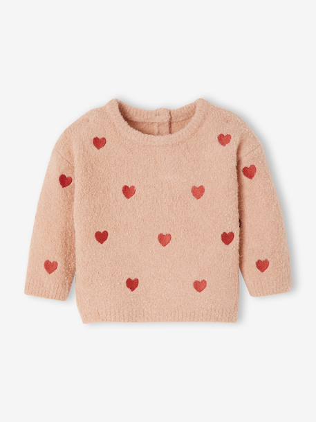 Pull bébé brodé petits coeurs rose poudré 