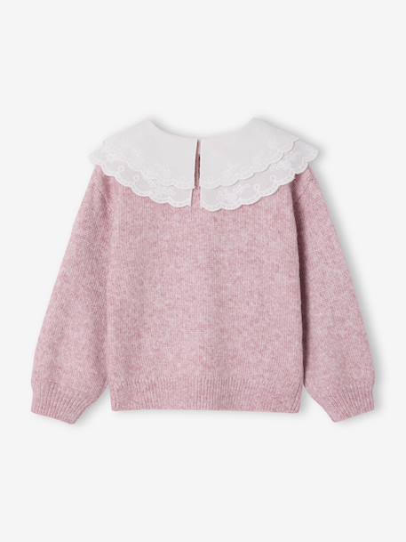 Pull fille double col brodé maille mousseuse anthracite+rose 