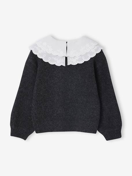 Pull fille double col brodé maille mousseuse anthracite+rose 