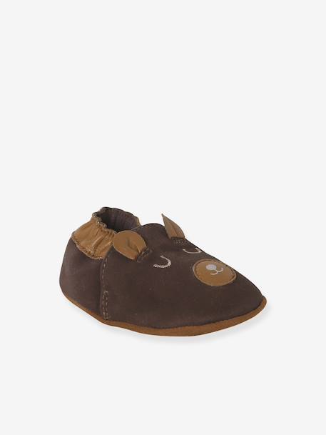 Chaussons élastiqués en cuir souple bébé lot marron+marron imprimé+vert imprimé 