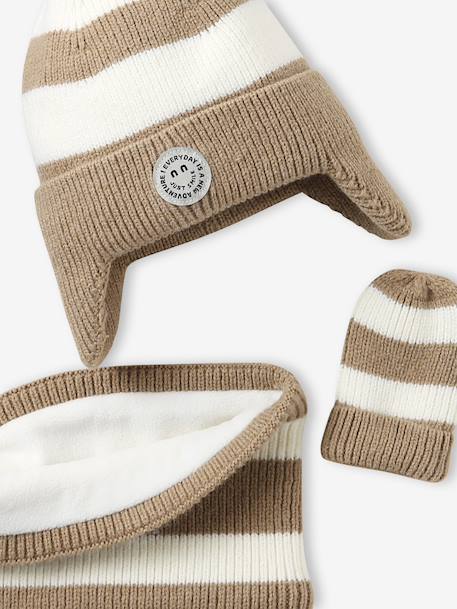 Ensemble rayé bonnet péruvien, snood et moufles bébé rayé beige 