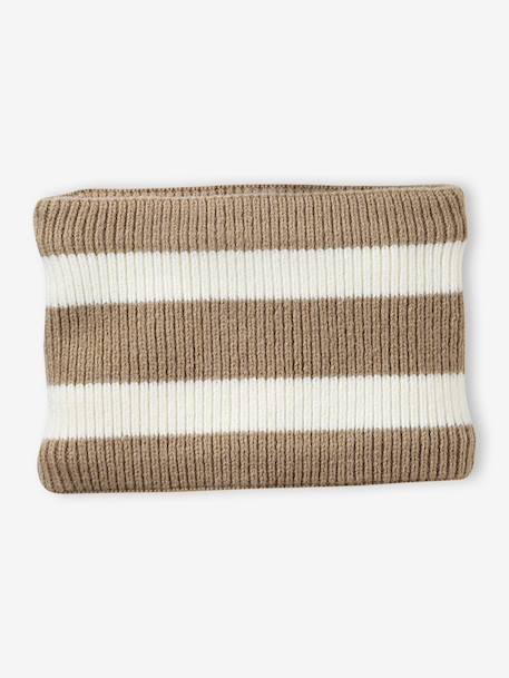 Ensemble rayé bonnet péruvien, snood et moufles bébé rayé beige 