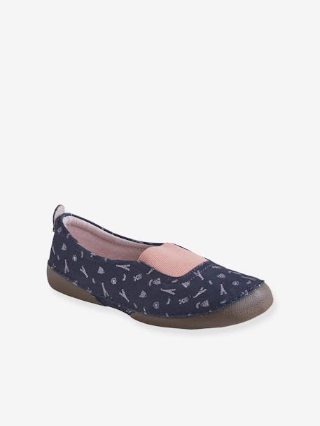 Chaussons élastiqués fille en cuir imprimé Marine imprimé 